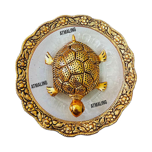 Feng Shui Tortoise/Turtle On Golden Glass Plate (Metal)