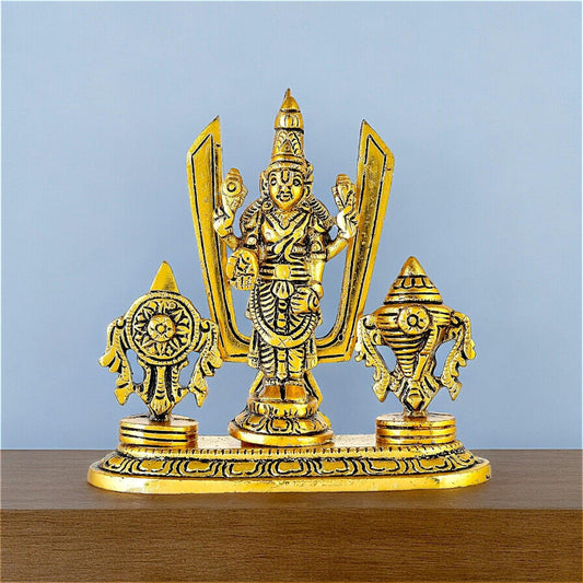 Metal Handcrafted Tirupati Balaji Statue of Lord Venkateshwara with Symbol Shankh, Chakta and Tilak